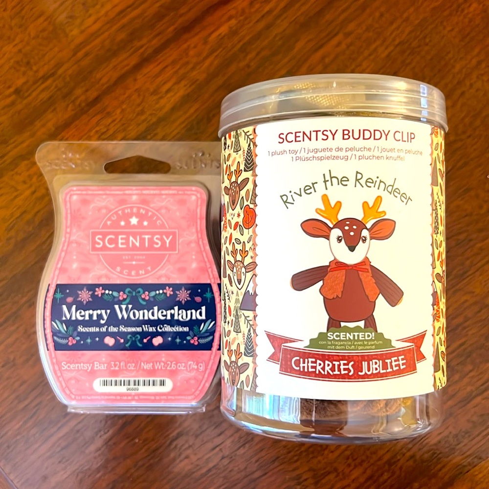 Scentsy Buddy Clip River the Reindeer Cherries Jubilee and Merry Wonderland Bar